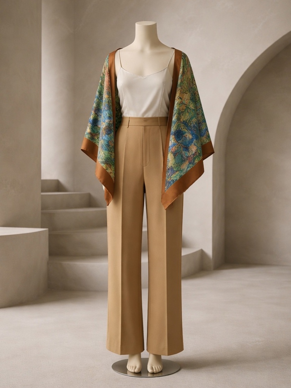 Floral Print Silk-Blend Wrap Scarf in Brown and Green